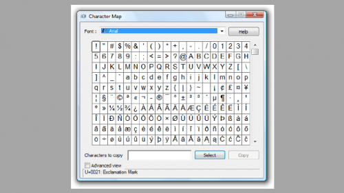 Table of Symbols in charmap